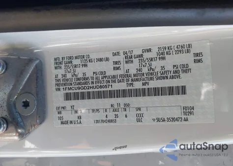 2017 Ford Escape Se z USA, uszkodzony, nr VIN 1FMCU9GD2HUD80571